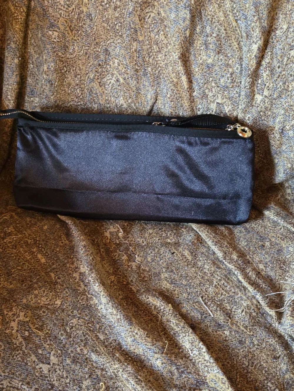 Nicole Miller Black Satin Wristlet Clutch with Embroidered Shoe Motif